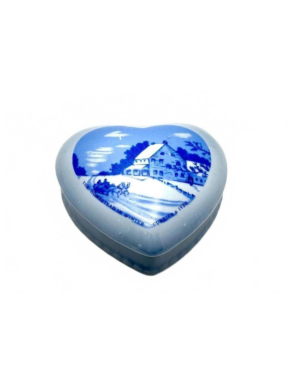Vintage Currier & Ives The Homestead Winter Heart-Shaped Porcelain Trinket Box